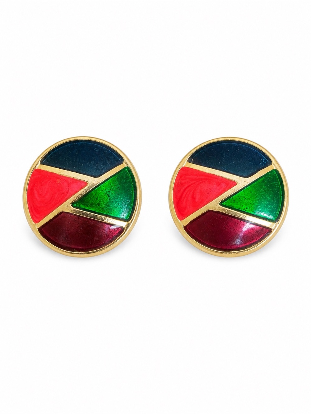 Vintage Color Block Enamel Gold Tone Lightweight Round Earrings